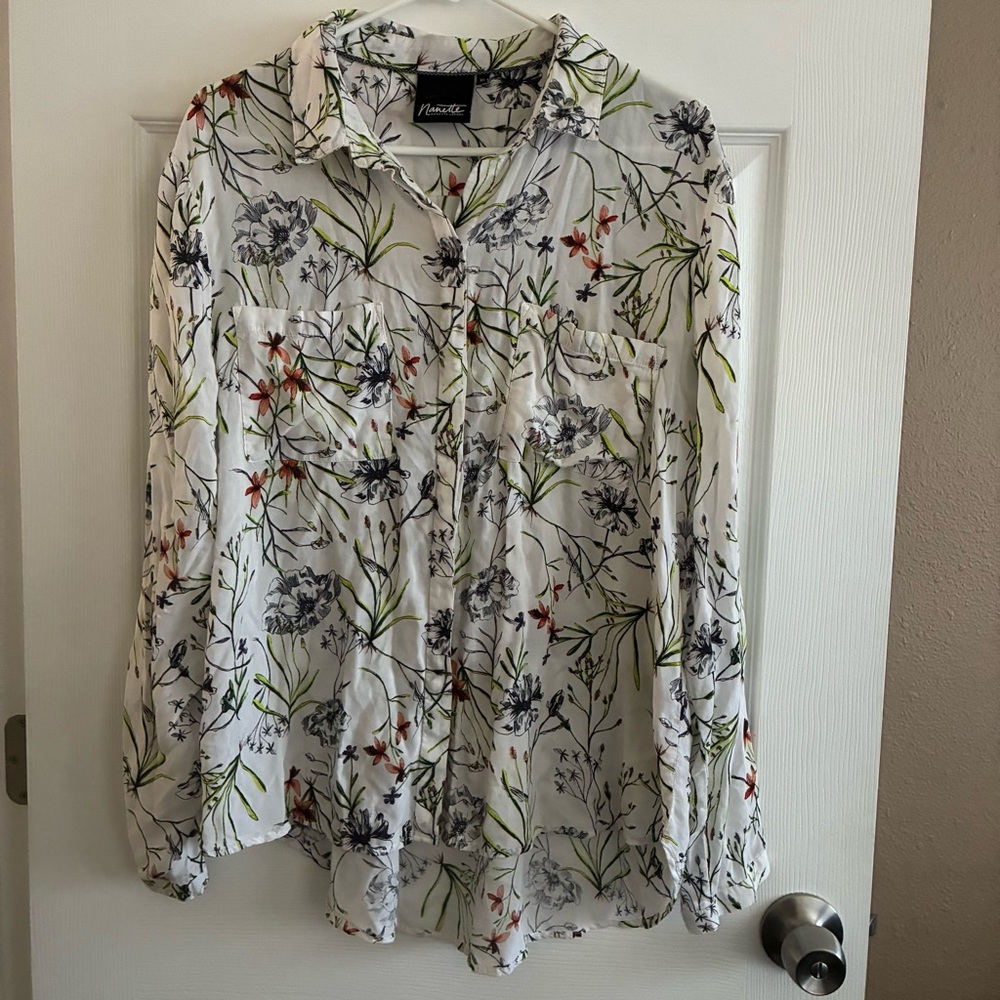 Nanette Lepore White Floral Long Sleeve Button-up Blouse, Size XL